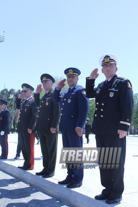 Military parade held in Baku downtown in relation with 90th anniversary of national leader Heydar Aliyev. Baku, Azerbaijan, May 10, 2013