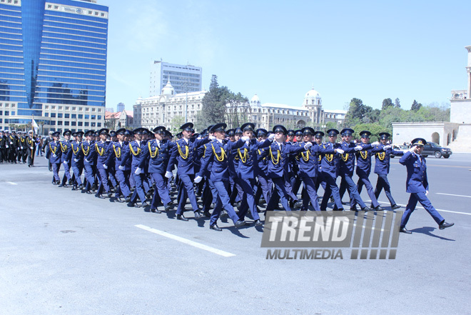 Military parade held in Baku downtown in relation with 90th anniversary of national leader Heydar Aliyev. Baku, Azerbaijan, May 10, 2013