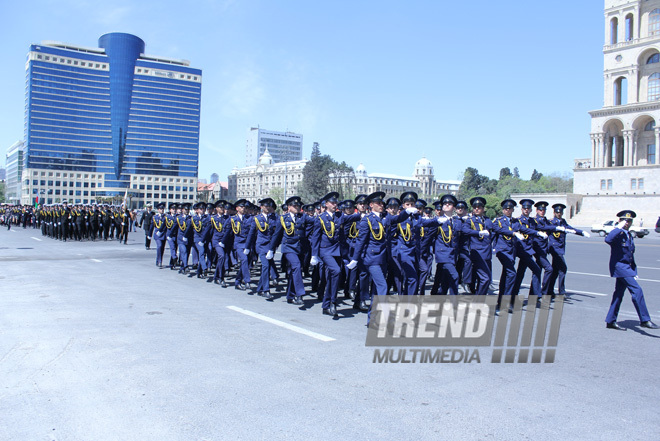 Military parade held in Baku downtown in relation with 90th anniversary of national leader Heydar Aliyev. Baku, Azerbaijan, May 10, 2013