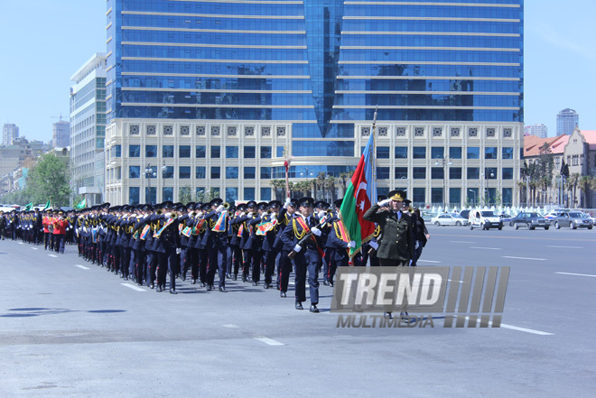 Military parade held in Baku downtown in relation with 90th anniversary of national leader Heydar Aliyev. Baku, Azerbaijan, May 10, 2013