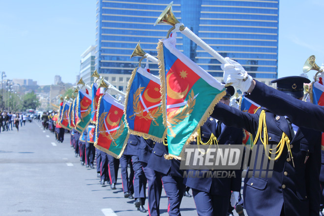 Military parade held in Baku downtown in relation with 90th anniversary of national leader Heydar Aliyev. Baku, Azerbaijan, May 10, 2013