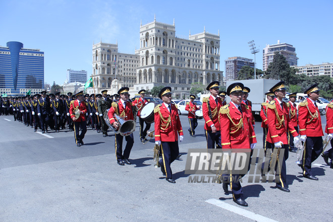 Military parade held in Baku downtown in relation with 90th anniversary of national leader Heydar Aliyev. Baku, Azerbaijan, May 10, 2013