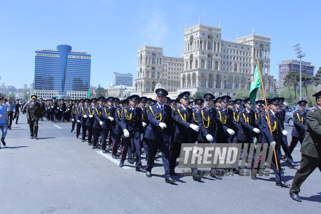 Military parade held in Baku downtown in relation with 90th anniversary of national leader Heydar Aliyev. Baku, Azerbaijan, May 10, 2013