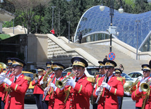 Military parade held in Baku downtown in relation with 90th anniversary of national leader Heydar Aliyev. Baku, Azerbaijan, May 10, 2013