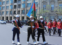 Military parade held in Baku downtown in relation with 90th anniversary of national leader Heydar Aliyev. Baku, Azerbaijan, May 10, 2013