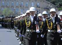 Military parade held in Baku downtown in relation with 90th anniversary of national leader Heydar Aliyev. Baku, Azerbaijan, May 10, 2013