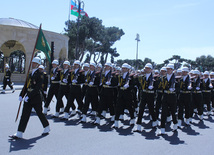 Military parade held in Baku downtown in relation with 90th anniversary of national leader Heydar Aliyev. Baku, Azerbaijan, May 10, 2013