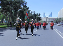 Military parade held in Baku downtown in relation with 90th anniversary of national leader Heydar Aliyev. Baku, Azerbaijan, May 10, 2013