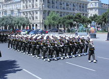 Military parade held in Baku downtown in relation with 90th anniversary of national leader Heydar Aliyev. Baku, Azerbaijan, May 10, 2013