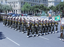 Military parade held in Baku downtown in relation with 90th anniversary of national leader Heydar Aliyev. Baku, Azerbaijan, May 10, 2013