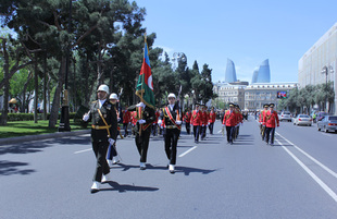 Military parade held in Baku downtown in relation with 90th anniversary of national leader Heydar Aliyev. Baku, Azerbaijan, May 10, 2013