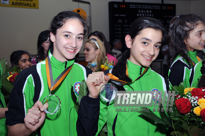 Avropa çempionatında uğur qazanan Azərbaycan gimnastları Vətənə qayıdıblar. Bakı, Azərbaycan, 03 iyun 2013