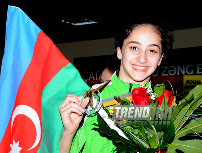 Avropa çempionatında uğur qazanan Azərbaycan gimnastları Vətənə qayıdıblar. Bakı, Azərbaycan, 03 iyun 2013