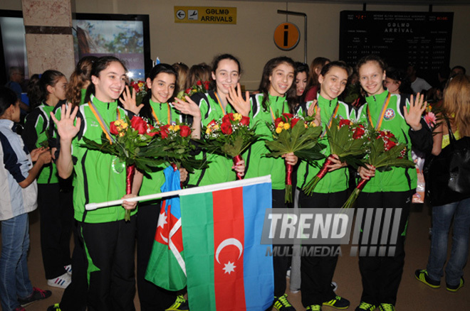 Avropa çempionatında uğur qazanan Azərbaycan gimnastları Vətənə qayıdıblar. Bakı, Azərbaycan, 03 iyun 2013