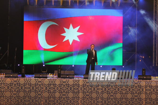 A concert and fireworks on the anniversary of Heydar Aliyev's coming to power in Azerbaijan. Baku, Azerbaijan, July 14, 2013