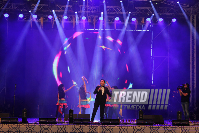 A concert and fireworks on the anniversary of Heydar Aliyev's coming to power in Azerbaijan. Baku, Azerbaijan, July 14, 2013