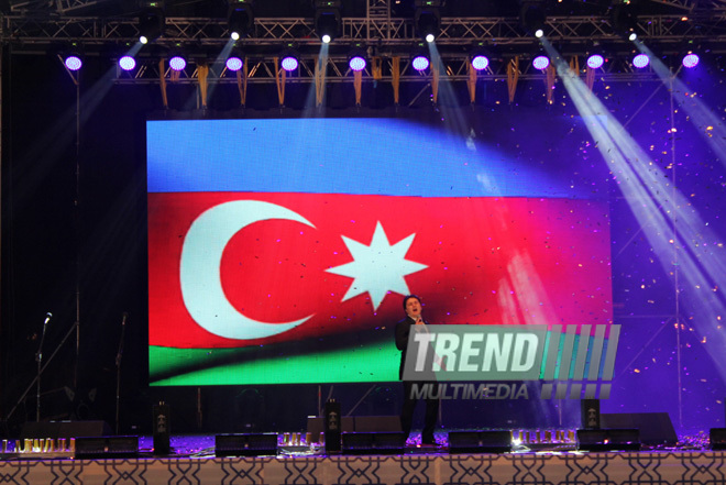 A concert and fireworks on the anniversary of Heydar Aliyev's coming to power in Azerbaijan. Baku, Azerbaijan, July 14, 2013