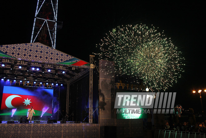 A concert and fireworks on the anniversary of Heydar Aliyev's coming to power in Azerbaijan. Baku, Azerbaijan, July 14, 2013