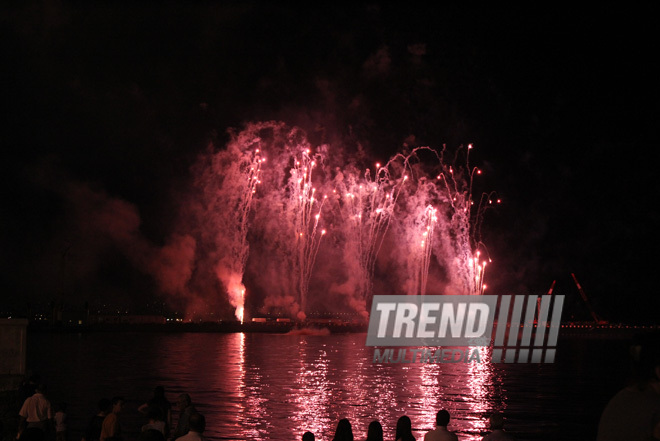 A concert and fireworks on the anniversary of Heydar Aliyev's coming to power in Azerbaijan. Baku, Azerbaijan, July 14, 2013