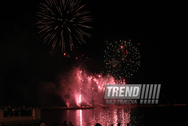 A concert and fireworks on the anniversary of Heydar Aliyev's coming to power in Azerbaijan. Baku, Azerbaijan, July 14, 2013