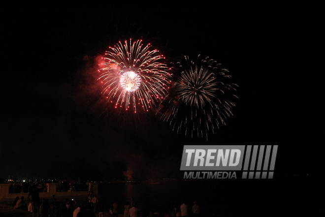 A concert and fireworks on the anniversary of Heydar Aliyev's coming to power in Azerbaijan. Baku, Azerbaijan, July 14, 2013