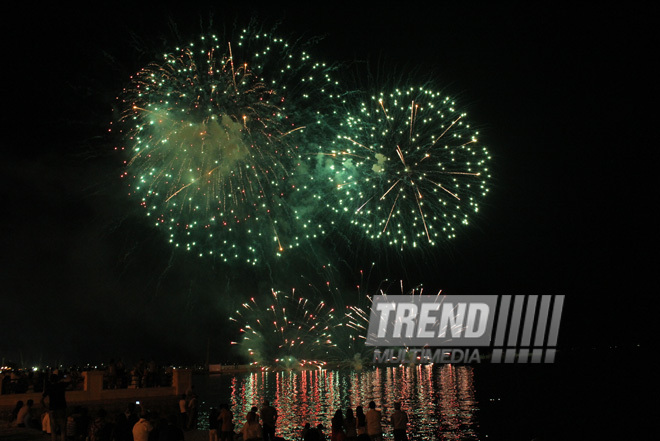 A concert and fireworks on the anniversary of Heydar Aliyev's coming to power in Azerbaijan. Baku, Azerbaijan, July 14, 2013