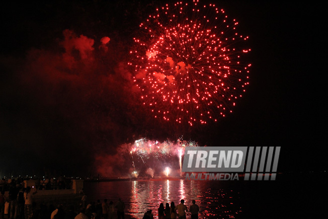 A concert and fireworks on the anniversary of Heydar Aliyev's coming to power in Azerbaijan. Baku, Azerbaijan, July 14, 2013