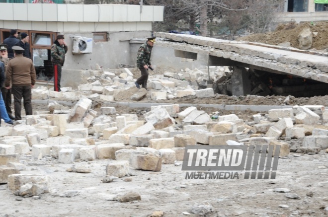 A strong explosion occurred in the basement of an unfinished residential building near the Azadlig prospekti subway station in Baku. Azerbaijan, Feb.13, 2014