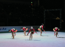 İdmançılar çıxışlarını başa vurduqdan sonra eniyetmə gimnastlarının iştirakı ilə qala-konsert keçirilib. Bakı, Azərbaycan, 19 aprel 2014