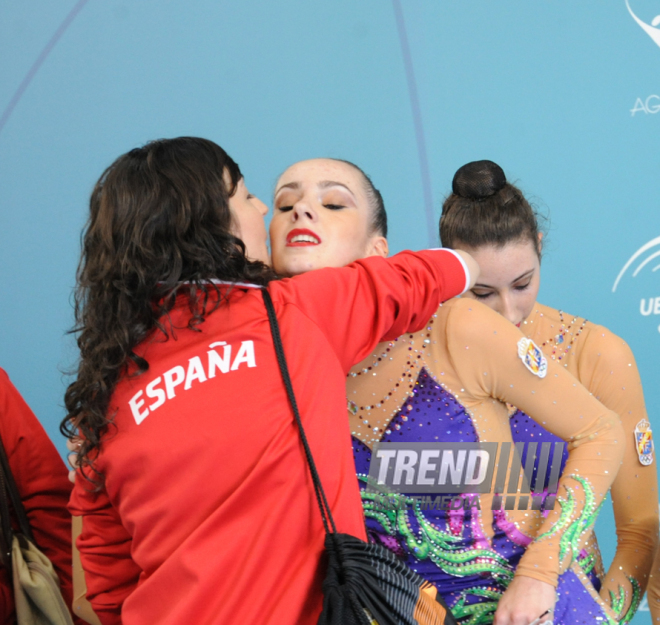 Azərbaycan yığması bədii gimnastika üzrə Avropa çempionatında qrup tapşırıqlarında ikinci yeri tutub. Bakı, Azərbaycan, 15 iyun 2014