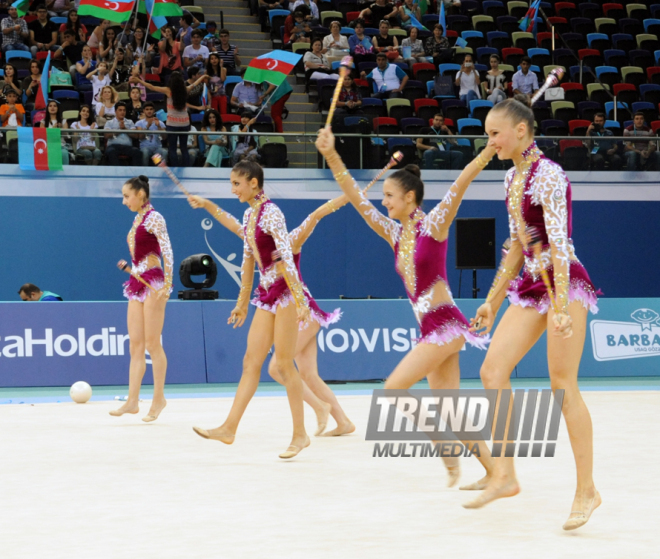 Azərbaycan yığması bədii gimnastika üzrə Avropa çempionatında qrup tapşırıqlarında ikinci yeri tutub. Bakı, Azərbaycan, 15 iyun 2014