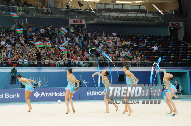 Azərbaycan yığması bədii gimnastika üzrə Avropa çempionatında qrup tapşırıqlarında ikinci yeri tutub. Bakı, Azərbaycan, 15 iyun 2014