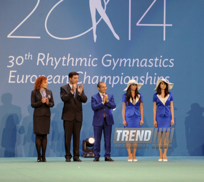 Azərbaycan yığması bədii gimnastika üzrə Avropa çempionatında qrup tapşırıqlarında ikinci yeri tutub. Bakı, Azərbaycan, 15 iyun 2014