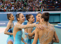 Azərbaycan yığması bədii gimnastika üzrə Avropa çempionatında qrup tapşırıqlarında ikinci yeri tutub. Bakı, Azərbaycan, 15 iyun 2014