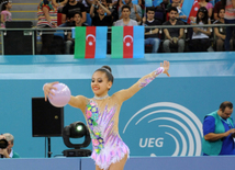 Azərbaycan gimnastı Jalə Piriyeva halqa ilə fərdi yarışda ikinci yeri tutub. Bakı, Azərbaycan, 15 iyun 2014