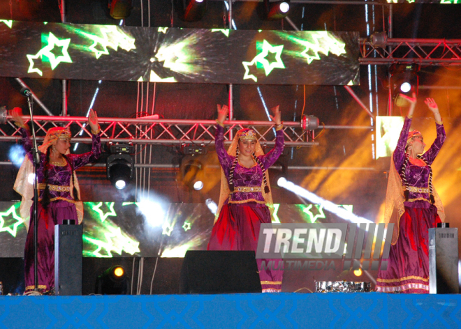 A concert and fireworks on the anniversary of Heydar Aliyev's coming to power in Azerbaijan. Baku, Azerbaijan, July 14, 2014