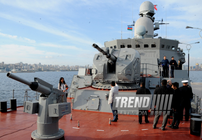 Ships of Russia’s Caspian Flotilla arrive in Baku port.Baku, Azerbaijan, Oct.20, 2014