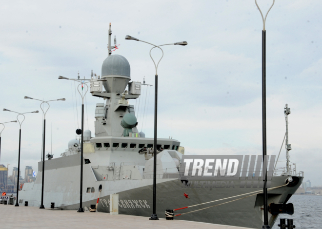 Ships of Russia’s Caspian Flotilla arrive in Baku port.Baku, Azerbaijan, Oct.20, 2014