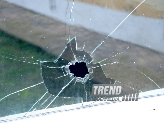 A blackboard and window hit by bullets. Tovuz, Azerbaijan, Nov.01, 2014