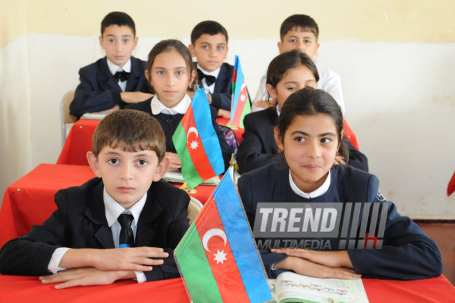 A blackboard and window hit by bullets. Tovuz, Azerbaijan, Nov.01, 2014