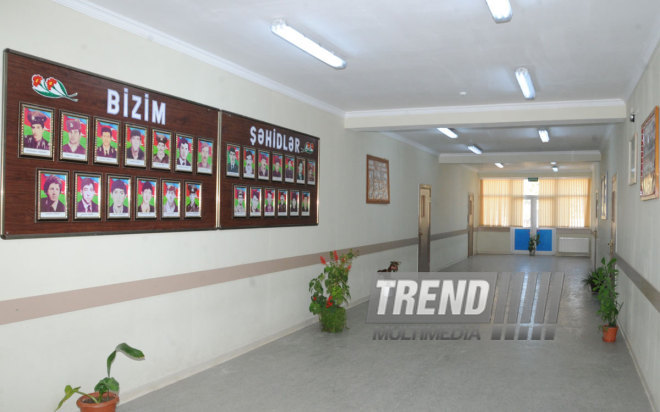 A blackboard and window hit by bullets. Tovuz, Azerbaijan, Nov.01, 2014