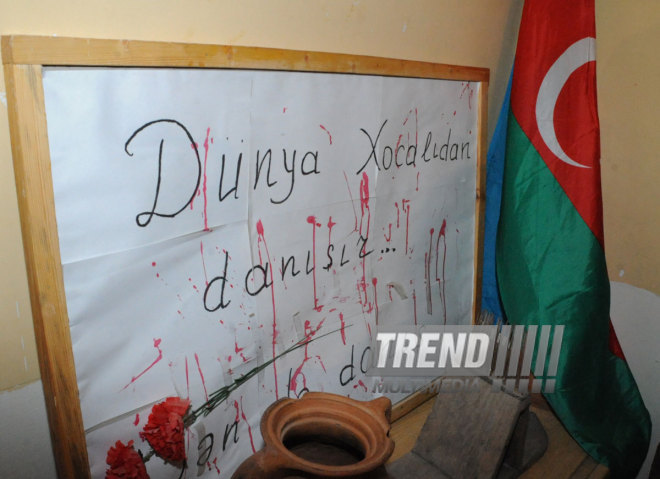 A blackboard and window hit by bullets. Tovuz, Azerbaijan, Nov.01, 2014