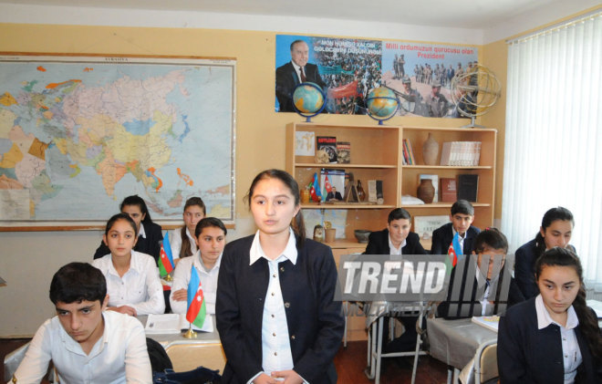 A blackboard and window hit by bullets. Tovuz, Azerbaijan, Nov.01, 2014