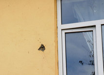 A blackboard and window hit by bullets. Qazax, Azerbaijan, Nov.01, 2014