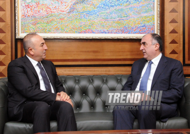 Azerbaijani Foreign Minister Elmar Mammadyarov met with his Turkish counterpart Mevlut Cavusoglu. Baku, Azerbaijan, Feb.25, 2015