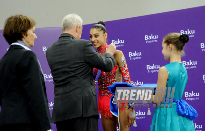 Azerbaijani team won the gold medals in group competitions in acrobatics among women. Baku, Azerbaijan, March 05, 2015