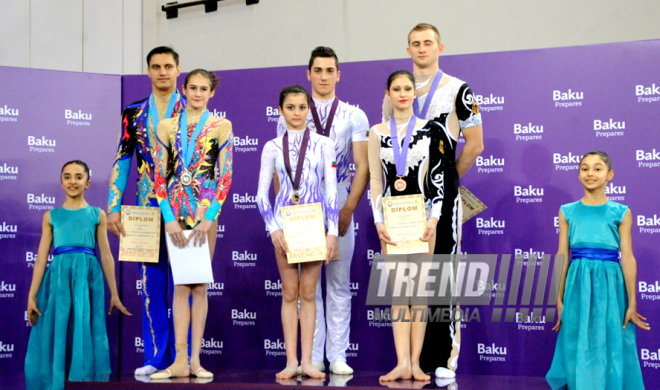 Azerbaijani team won the gold medals in group competitions in acrobatics among women. Baku, Azerbaijan, March 05, 2015