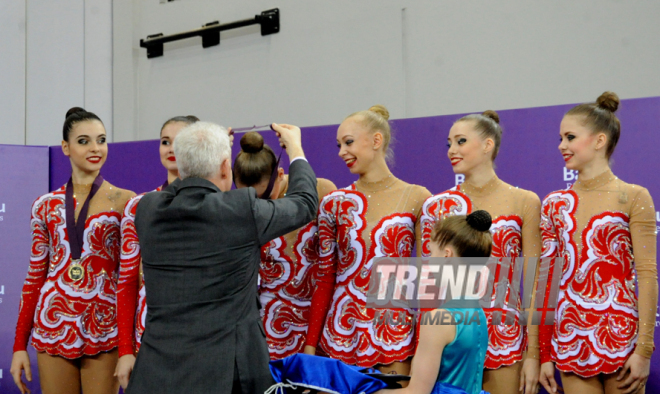 Azerbaijani team won the gold medals in group competitions in acrobatics among women. Baku, Azerbaijan, March 05, 2015