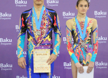 Azerbaijani team won the gold medals in group competitions in acrobatics among women. Baku, Azerbaijan, March 05, 2015