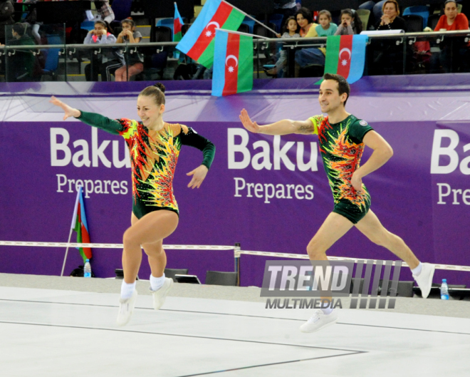 Azərbaycan gimnastları qarışıq cütlüklərdə qızıl medal qazandılar. Bakı, Azərbaycan, 06 mart 2015